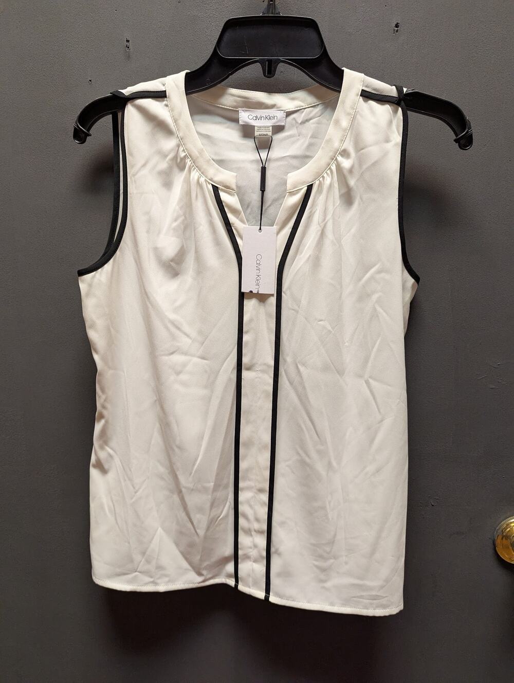 Calvin Klein Chiffon tunic top SMALL white black trim Sleeveless casual NWT